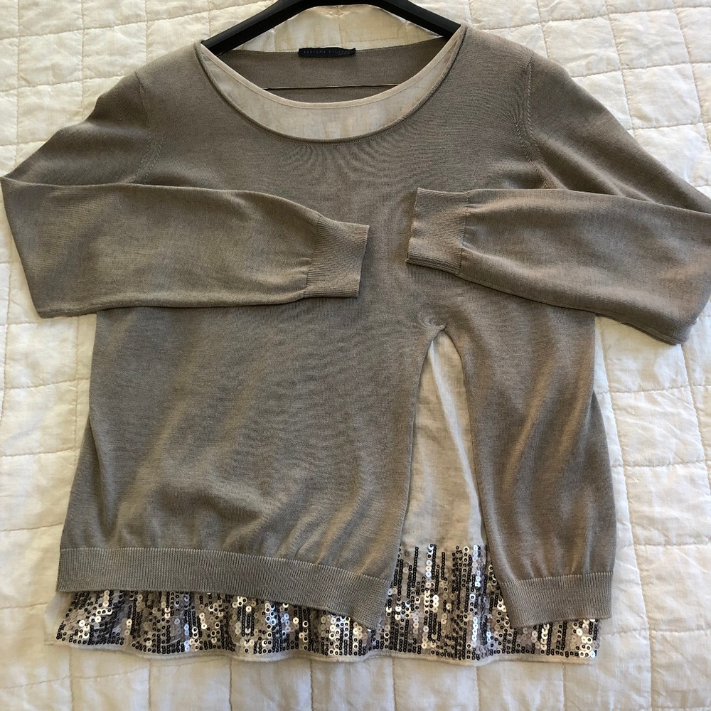 Fabiana Filippi Long-Sleeve Top Khaki-Beige Sequin